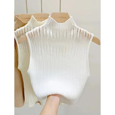 Hollow Out Gauze Tank Top Turtleneck Elegant Sleeveless Design Slim Camis Knitting Solid Chic Corset Women's Tube Top