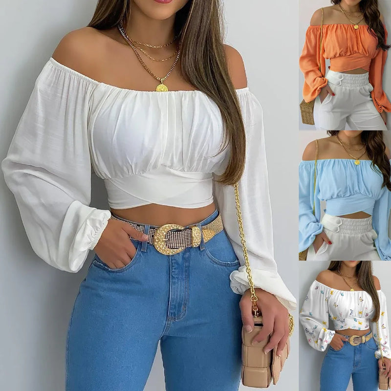 Sexy Slash Neck Backless Long Lantern Sleeve Floral Print Blouse Tops Summer Women Criss Cross Bandage Cropped T Shirt Tops
