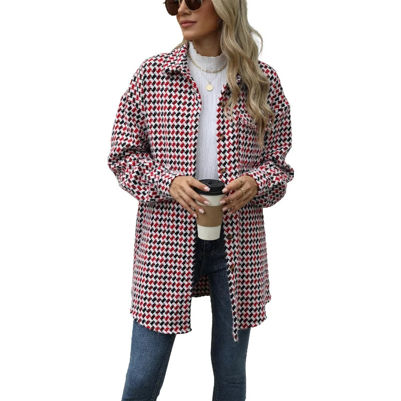 Women New Houndstooth Lapel Top Mid-length Woolen Coat for Women