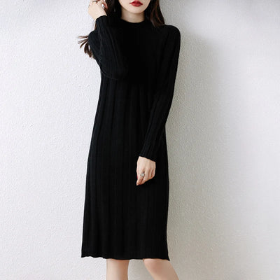 100% Merino Wool Women's Knitted Dress, Crew Neck, Stripes, Casual, Fashionable, Warm, Mid-Length, Autumn/Winter 2024