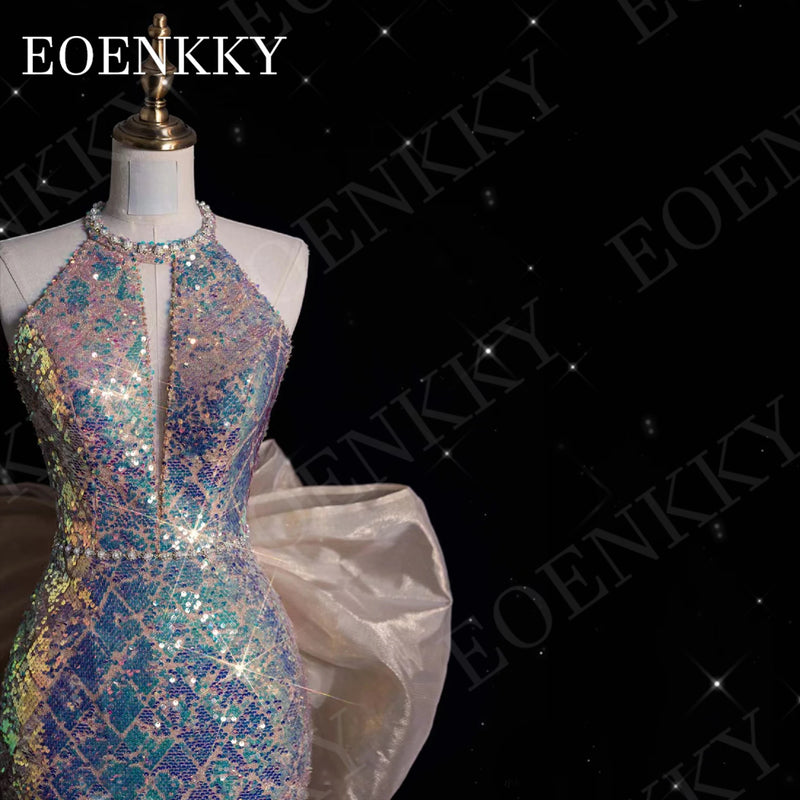 EOENKKY Halter Sparkly Evening Dress Mermaid Style Luxury Sequin Backless Wedding Party Dresses Detachable Train Sleeveless