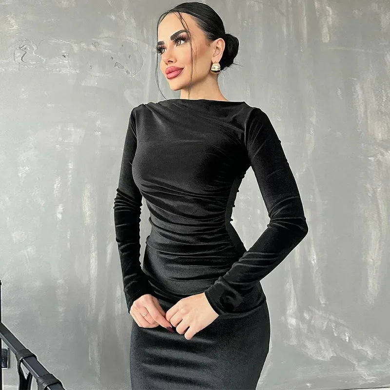 BWQ 2024 Spring Summer Velvet Long Sleeve Midi Dress For Women Ruched Long Dress Elegant Party Clothes Evening Green Outfits