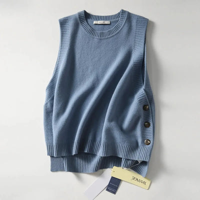 Fashion knit sweater vest College style under three-button solid color crew neck casual all-match pullover sweater for women