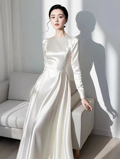 2024 Autumn Elegant Satin Women's Long Sleeve Dress Round Neck White French Midi Skirt Women's A-Line Evening dresses N1013-1