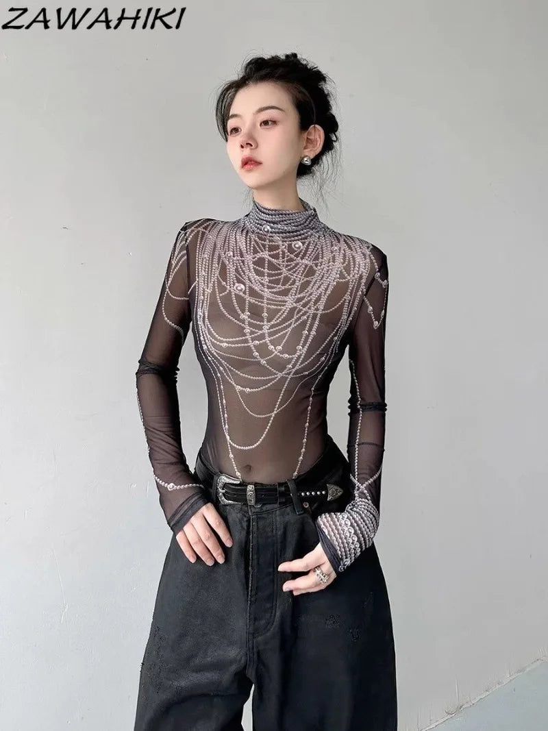 Graphic Long Sleeve T Shirts Women Gauze Transparent Slim Mesh Mock Neck Fashion Y2K Top Female Aesthetic Grunge Sexy Crop Tops