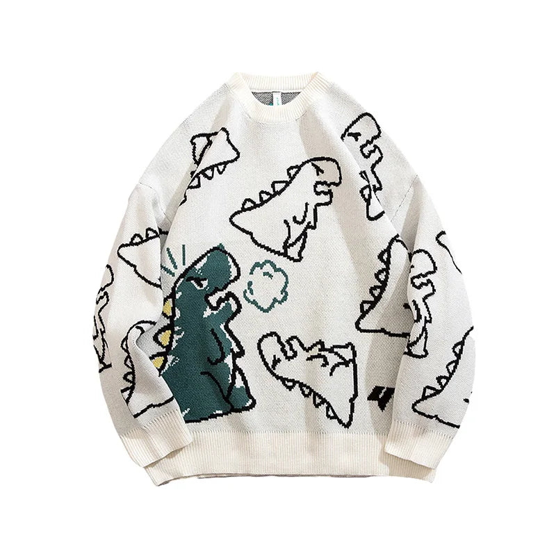 Abfer Autumn Oversize Cardigan Men Knitted Dinosaur Sweater Streetwear Loose Male Women Coat 2021 Doodle Hip Hop Pattern Winter