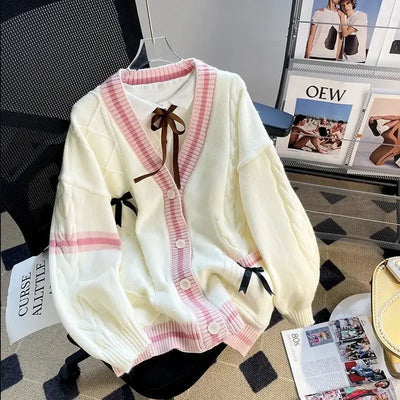 Deeptown Sweet Coquette Sweaters Cardigan Women Kawaii Bow Knitted Cardigan Japanese Preppy Style Lolita Knitwears JK Jumpers