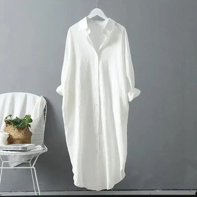 Fashion Long Sleeve Cotton Linen Midi Dress Women 2024 Fall Loose Casual Comfortable White Buttons Dresses For Women Robe Femme