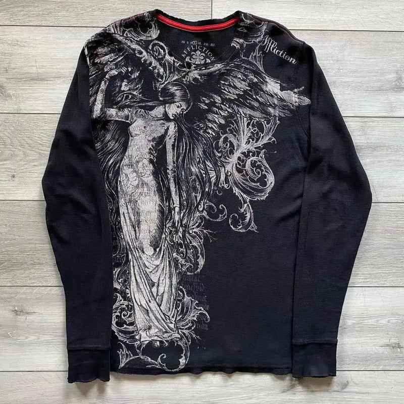 Y2K Affliction Long sleeved T shirt Fashion Round Neck Oversized T shirt New  Mens Womens Casual Gothic Clothing Tops Streetwear