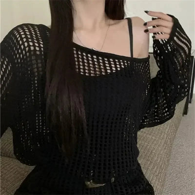 Women Hollow Out Y2K Sexy Sweater Hole Knitted Long Sleeve Streetwear Top Casual Loose Thin Sweater For Women 2024 Autumn