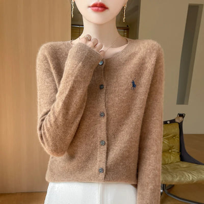 2024 Autumn/Winter Women's New Fashion Cashmere Embroidered Cardigan Women's O-neck Fashion Embroidered 100% Australian Wool