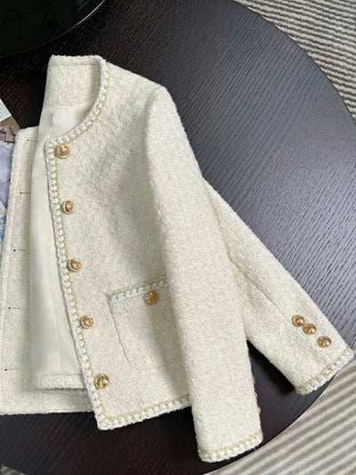 Jmprs Chic White Tweed Jackets Women Korean Long Sleeve Sweet Coat Fashion O Neck Elegant Casual Female All Match Outwear Tops