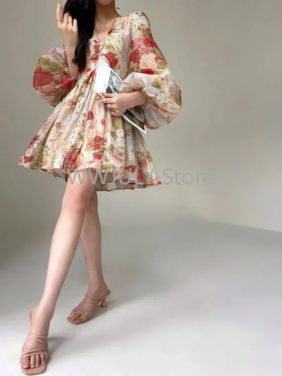 2024 New French Elegant Floral Midi Dress Woman Beach Style Holiday Long Sleeve Dress A-line Fashion Even Party Dress Vestidos