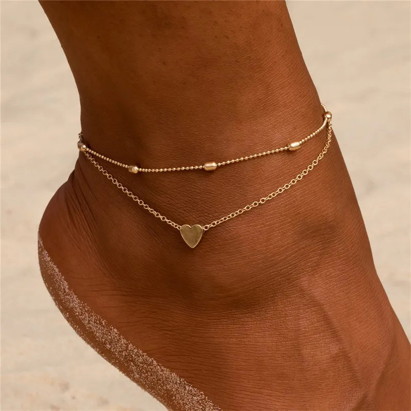 Gold Silver Color Chain Multilayer Anklets Women Beads Anklet Leg Chain Ankle Bracelets Beach Foot Jewelry Accessories