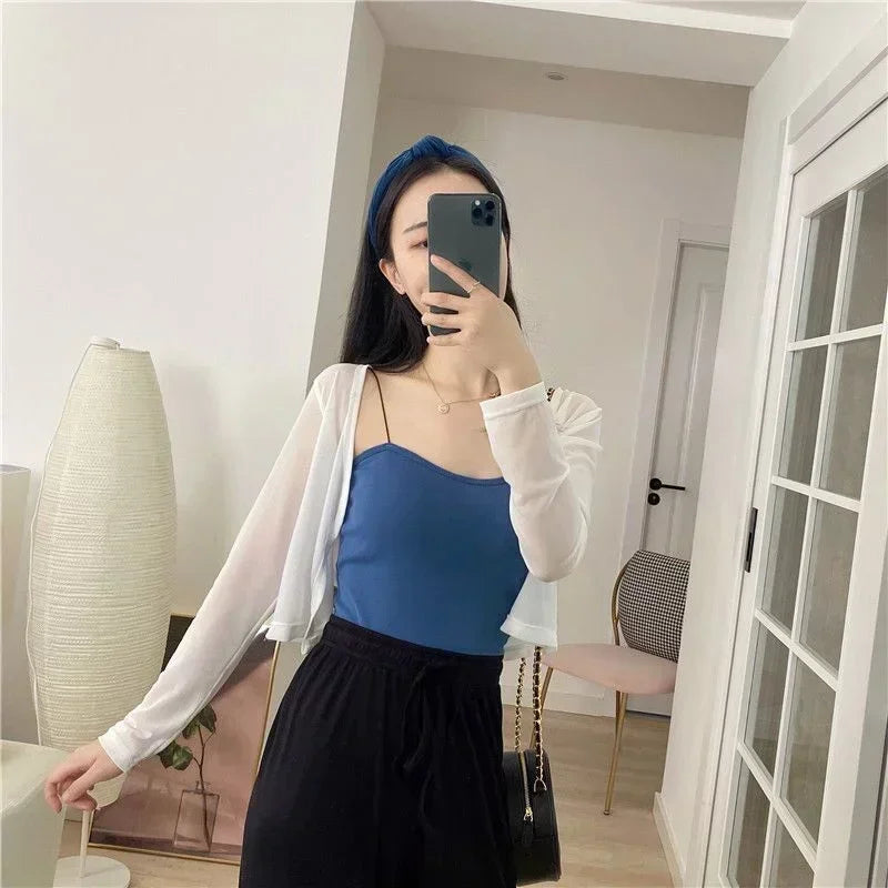 Ice Silk Mesh Cardigan Korean Fashion Sunscreen Top Spring Summer Lightweight Long Shawl Female  Cardigan Crop Top