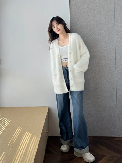 Imitation Mink Fur V-neck Lazy Style Knitted Cardigan Lantern Sleeve Sweater Women's New Pocket Jacket