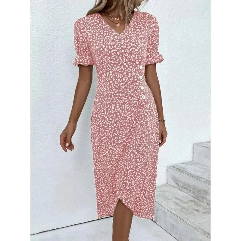 Spring Floral Bodycon Midi Dress For Women V Neck Long Sleeve Ruched Slim Fit Dresses Female Sexy Vestido Robe