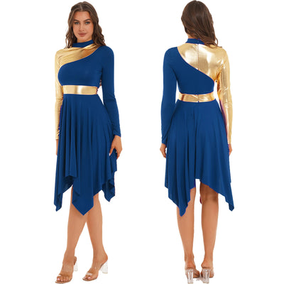 Women Worship Modern Lyrical Dance Costume Long Sleeve Asymmetrical Liturgical Dancewear Celebration Spirit Choir Ballroom Dress