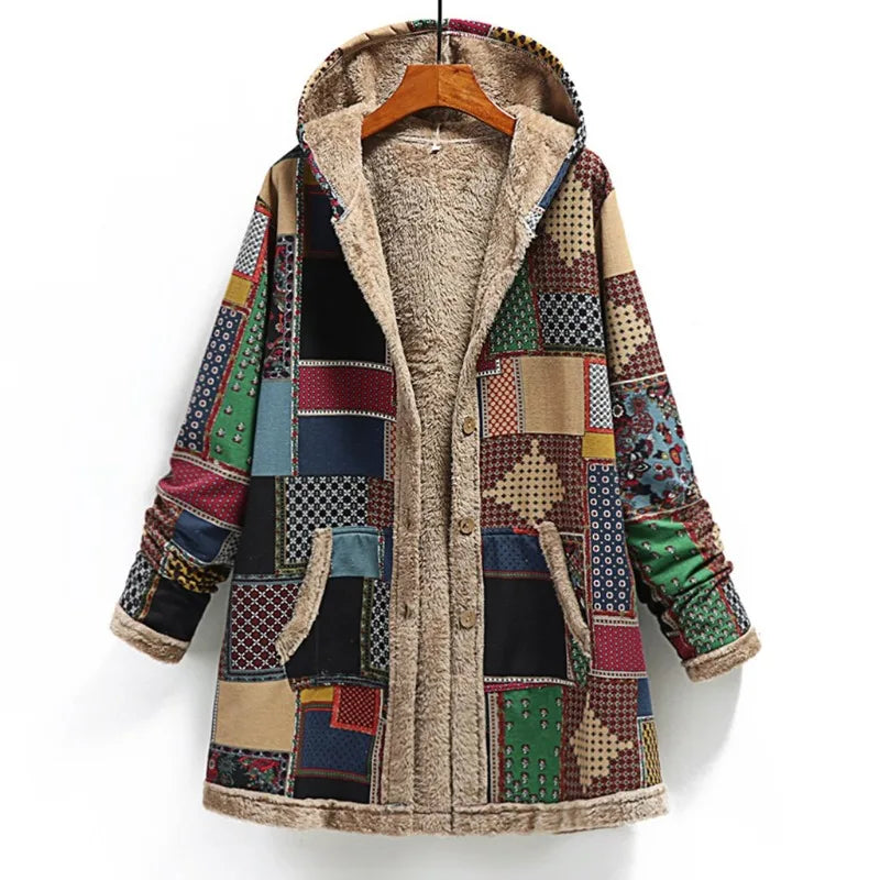 2023 Winter Vintage Women Coat Warm Printing Thick Fleece Hooded Long Jacket with Pocket Outwear Loose Jackets шерстяное пальто