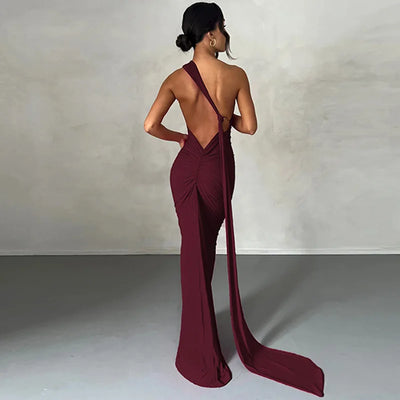 2023 New Fashion Elegant Maxi Dress for Women Sexy One Shoulder Bodycon Slim Pleated Solid Backless Dresses Party Club Clothes