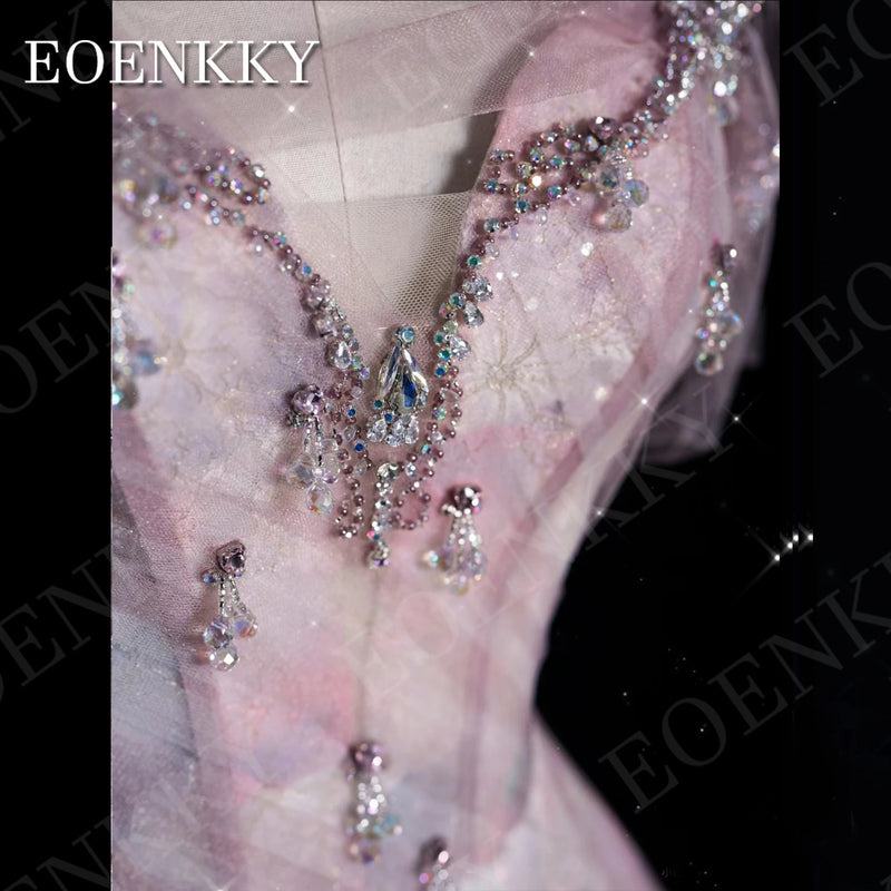 EOENKKY Prom Dresses 2024 Luxury Gown Dubai A Line Crystal Tulle Graduation Dress with Detachable Train Strapless V Neck Woman