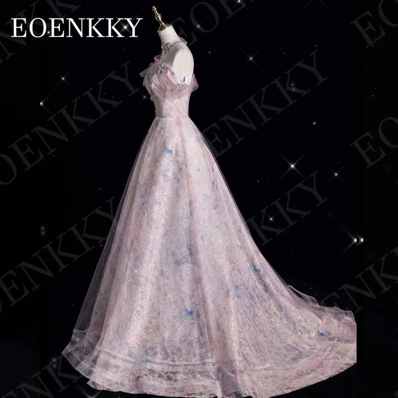 EOENKKY Prom Dresses 2024 Luxury Gown Dubai A Line Crystal Tulle Graduation Dress with Detachable Train Strapless V Neck Woman