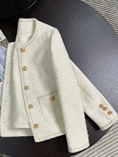 Jmprs Chic White Tweed Jackets Women Korean Long Sleeve Sweet Coat Fashion O Neck Elegant Casual Female All Match Outwear Tops