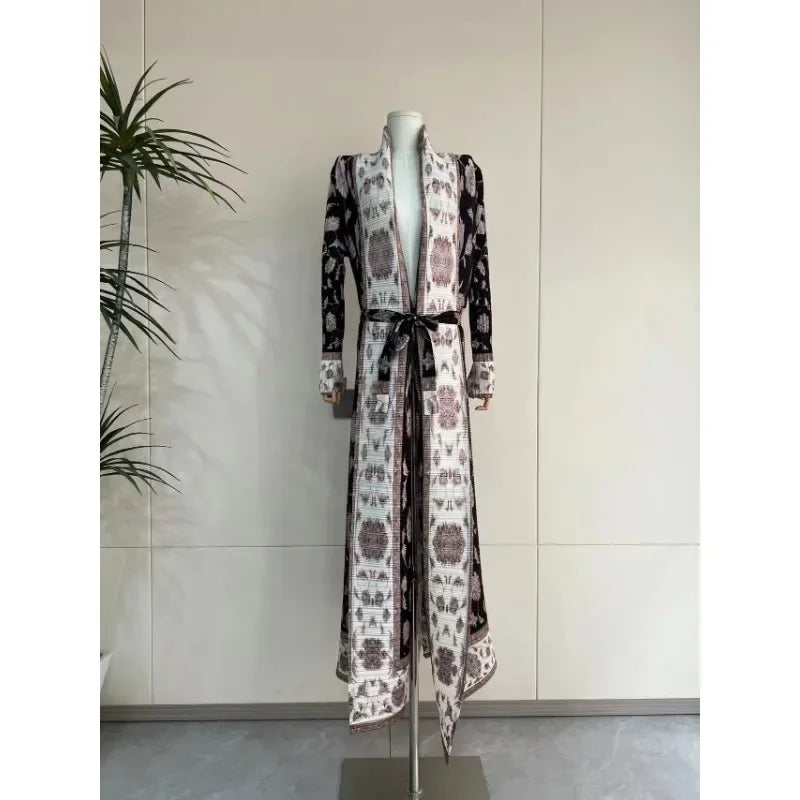 Miyake Pleated Print Foldable Collar Long Sleeved Trench Coat for Women 2024 New Winter Original Designer Fashion Cardigan Dress