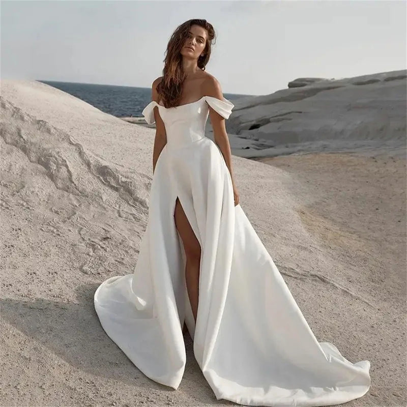 Simple Civil Wedding Dresses Off the Shoulder Sleeveless Side Split Summer Beach Bride Dress Satin Minimalist Wedding Gowns 2024