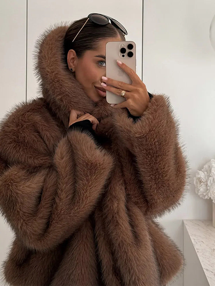 Oversized Brown Fluffy Faux Fur Coats For Women Winter Autumn Loose Lapel Cardigan Jacket 2024 New High Street Warm Outwear