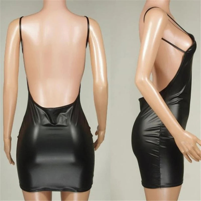 Sexy Faux Leather Dress Backless Club Party Short Dress Solid Black Wet Look Latex Bodycon Push Up Bra Mini Micro Dress