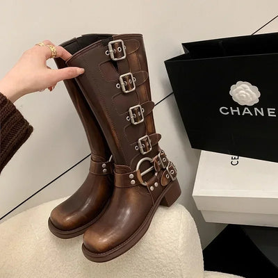 Women's Boots Fashion Motorcycle Knight Boot Western Cowboy Boots for Women Mid Calf Leather Boots New Platform Boot Botas Mujer