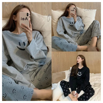 Fall and Winter Pajamas Female Two-Piece Suit Long-Sleeved Smiley Students Sleepwear Loungewear Ladies Nightwear Homewear