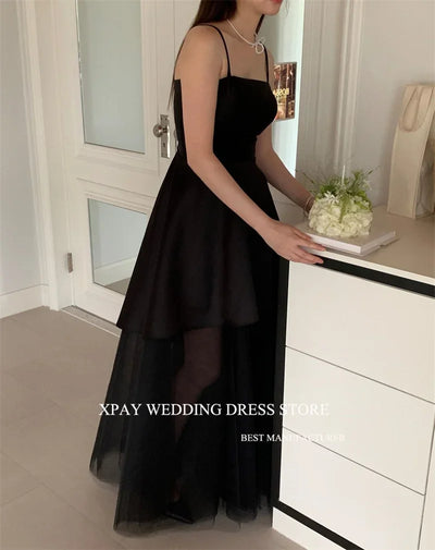 OLOEY Simple Black Satin Evening Dress Korea Photoshoot Party Dress Strapless Tiered Solid Color Prom Gown Wedding Party Dress