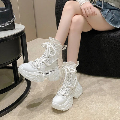 Women Ankle Boots Autumn Chunky Shoes Woman High Platform Breathable Sneakers Thick Sole Wedges Motorcycles Boots