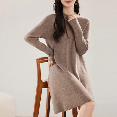 100% Merino Wool Women's Midi Dress, Buttoned, Elegant, Long Sleeves, Knitted, Crew Neck, Warm, Fall/Winter 2024, Clothing