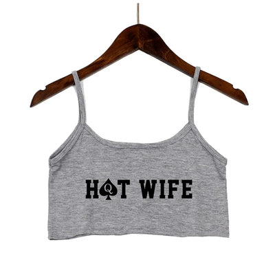 Fashion Women's Sexy Elastic Cotton Camis HOT WIFE Letters Print Female Sexy Crop Top Sleeveless Short Girls Tank Top Bar Women