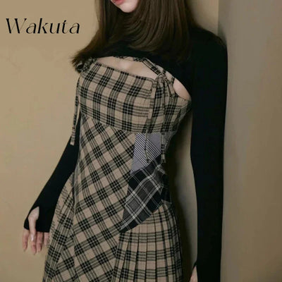 WAKUTA Japanese Retro Hollowed Out Sleeveless Plaid Dress Fashion Autumn Winter Waisted Hip Y2k Dress with Shawl Female Clothing