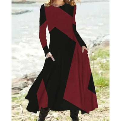 New 2024 Women's Casual Elegant Party Dress Contrast Color Ladies Spring Autumn Loose Long Sleeve Dress with Pockets Midi Dress