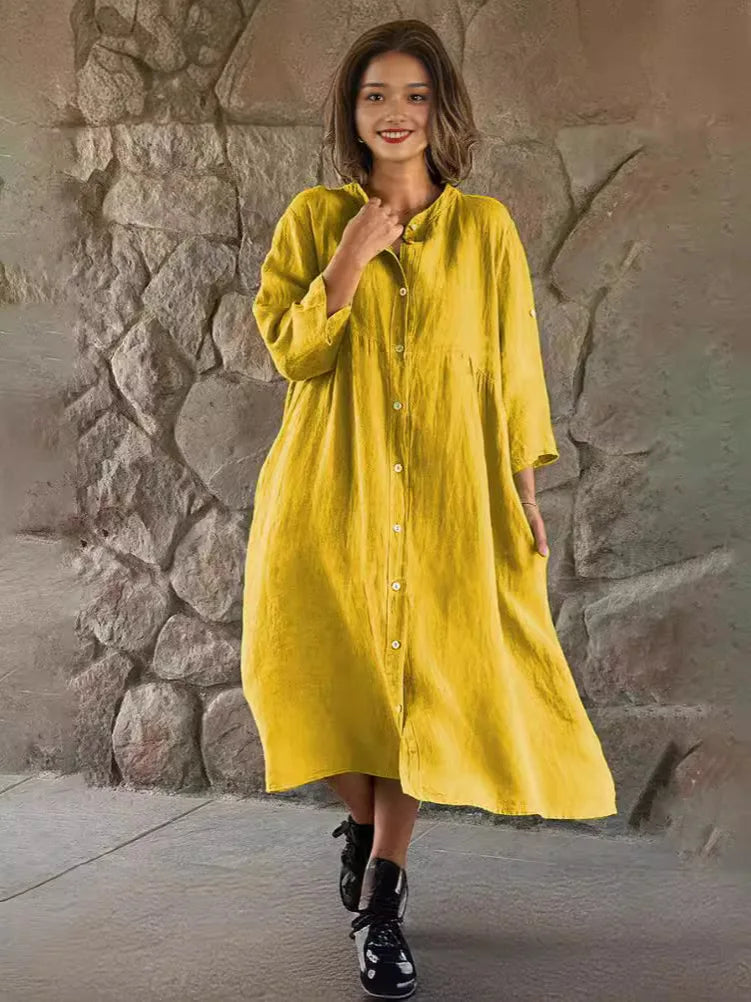 Spring Summer Women Cotton Linen Dress 2024 Fashion Loose Button Long Sleeve Shirt Dresses Solid Beach Party Pockets Dress Robe