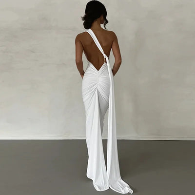 2023 New Fashion Elegant Maxi Dress for Women Sexy One Shoulder Bodycon Slim Pleated Solid Backless Dresses Party Club Clothes