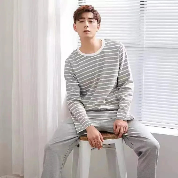 New Pyjamas Men Long Sleeve Stripes Spring Autumn Male Teenagers Winter Home Wear Daily Leisure Comfortable Breathable Suit