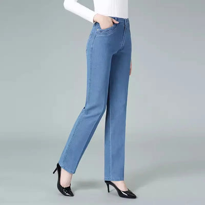 High waisted Elastic Embroidery Jeans 38 For women's Spring Autumn Slim Casual Straight leg pants Female Cotton Denim Trousers