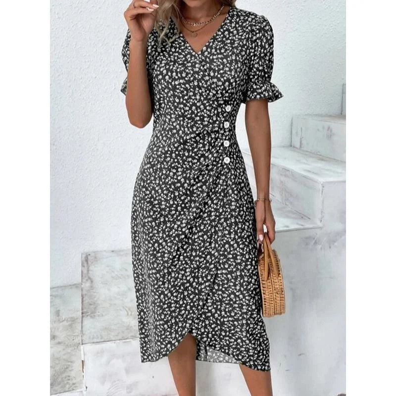 Spring Floral Bodycon Midi Dress For Women V Neck Long Sleeve Ruched Slim Fit Dresses Female Sexy Vestido Robe