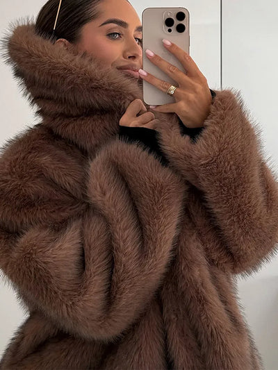 Oversized Brown Fluffy Faux Fur Coats For Women Winter Autumn Loose Lapel Cardigan Jacket 2024 New High Street Warm Outwear