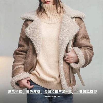 MADEN Women Imitation Lamb Fur Leather Jacket 2024 Autumn Winter Long Sleeve Turn-down Collar Warm Thick Coat Bomber Jacket