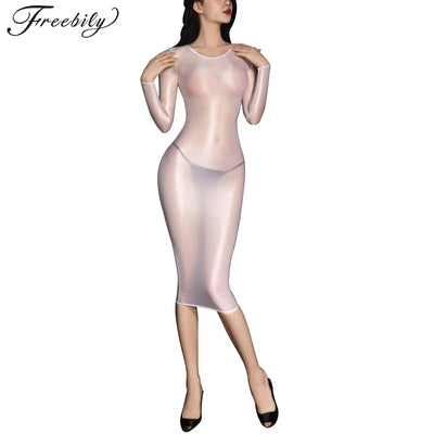 Party Night Sexy Bodycon Dress Women Oil Glossy Sheer See Through Shiny Silk Smooth Tight Long Sleeves Midi Dresses Clubwear