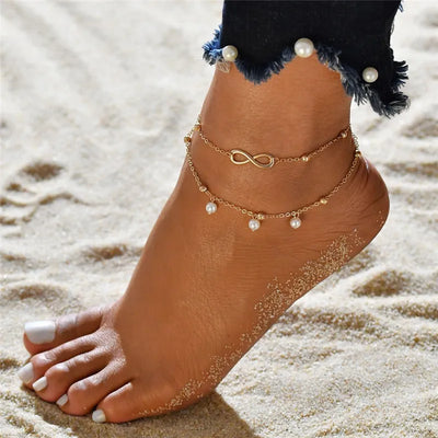 Gold Silver Color Chain Multilayer Anklets Women Beads Anklet Leg Chain Ankle Bracelets Beach Foot Jewelry Accessories