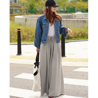 Krisnanas Women Loose Wide Leg Solid Color Casual Pants Gray and Black Bottoms Pants With OOTD