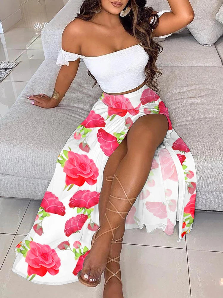 2-Piece Boho Chic Ensemble Off-Shoulder Smocked Tube Top&Floral High-Waist Split Maxi Skirt Summer Women Casual Wear Dress Sets